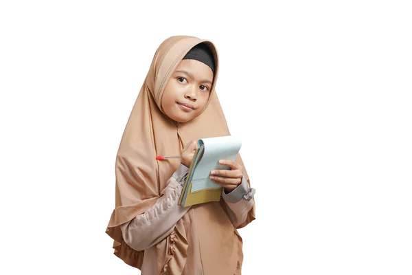 Beautiful Girl Wearing Brown Hijab Muslim Dress Thinking Something Writing — Stockfoto