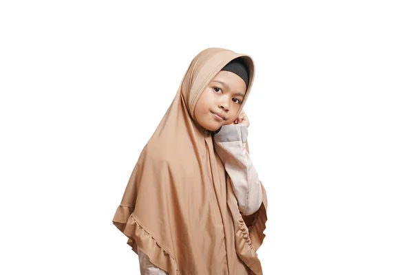 Close Portrait Simple Beautiful Girl Hijab White Background Panorama Free — Stockfoto