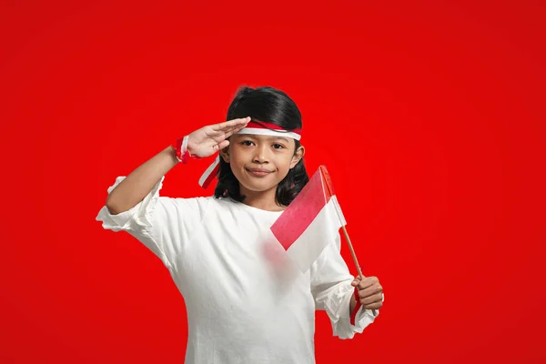 Isolated Girl Wearing Red White Ribbon Celebrates Indonesia Independence Saluting — Stok fotoğraf