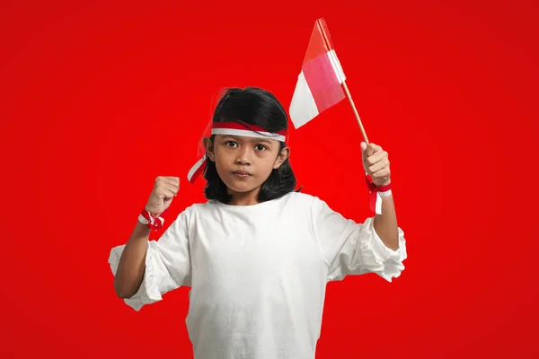 Isolated Girl Wearing Red White Ribbon Celebrates Indonesian Independence Giving — Stok fotoğraf