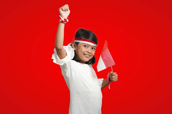Isolated Girl Wearing Red White Ribbon Celebrates Indonesian Independence Giving — Stock Photo, Image