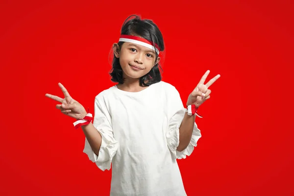 Isolated Girl Wearing Red White Ribbon Celebrating Indonesia Independence Two — Stok fotoğraf