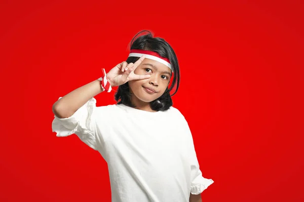 Isolated Girl Wearing Red White Ribbon Celebrating Indonesian Independence Cool — стокове фото