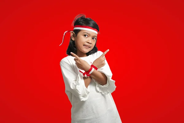 Isolated Girl Using Red White Ribbon Indonesian Independence Concept Pointing — Fotografia de Stock