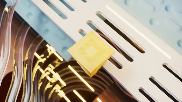 Geleceğin parlayan CPU kuantum bilgisayar işlemcisi. Makine öğrenme konsepti — Stok fotoğraf