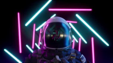 Sonsuz neon tüneldeki astronot. Neon lazer ışıkları. Geri dalga döngüsü