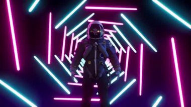 Sonsuz neon tüneldeki astronot. Neon lazer ışıkları. Geri dalga döngüsü