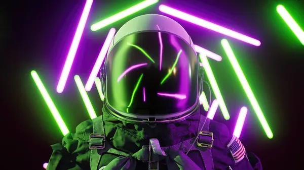 Uzay giysili astronot lazer ışınları arasında. Geleceğe yönelik bir geçmiş. 3d hazırlayıcı