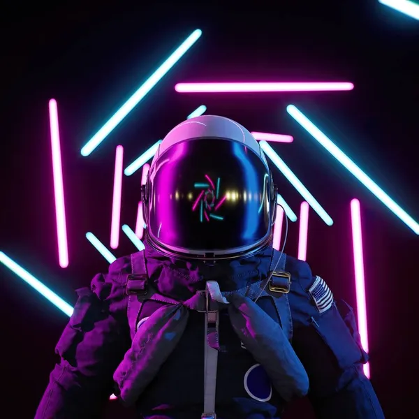 Sonsuz neon koridorda astronot. Neon lazer ışığı. 3d görüntülemesini geri çek