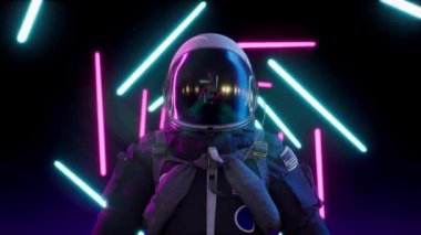 Sonsuz neon tüneldeki astronot. Neon lazer ışıkları. Geri dalga döngüsü