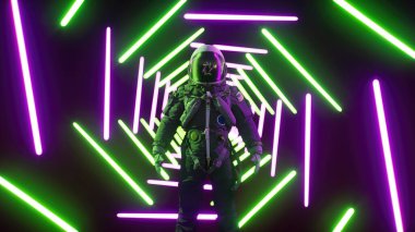 Sonsuz neon koridordaki neon astronot. Moda fütüristik 3d illüstrasyon.
