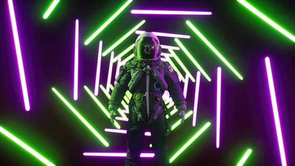 Neonowy astronauta w nieskończonym neonowym korytarzu. Modna futurystyczna ilustracja 3D. — Zdjęcie stockowe
