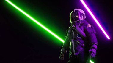 Neon lazer ışınları arasında geri dalga astronotu. Geleceksel arkaplan 3d oluşturucu