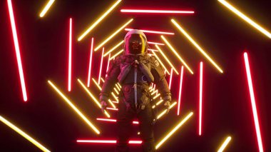 Sonsuz kırmızı neon tünelde astronot. Neon lazer ışıkları. 3D görüntüleyiciyi geri çek