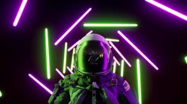 Neon lazer ışınları arasında geri dalga astronotu. Fütürist uzay giysisi 3d görüntüleyici