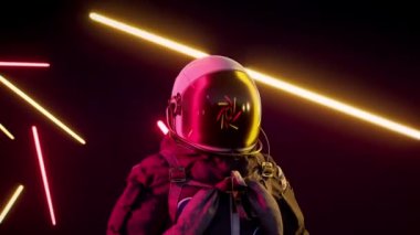 Sonsuz warp tünelinde neon astronot. Fütürist döngü 3D animasyon. Kırmızı neon