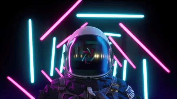 Astronauta fali wstecznej wśród neonowych promieni laserowych. Futurystyczne tło 3d renderowania — Zdjęcie stockowe