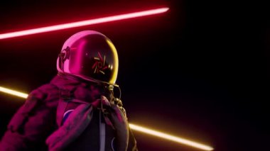 Neon lazer ışınları arasında bir astronot. Geri dalga döngüsü 3D animasyon. 4k görüntü