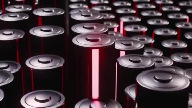 Fabrikada karbon piller. Parlak kırmızı neon renkli güç bataryası. 3d canlandırma