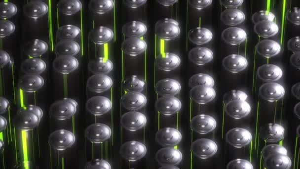 未来的なネオンカラーの背景アニメーション。緑のエネルギーを持つ多くの電池 — ストック動画