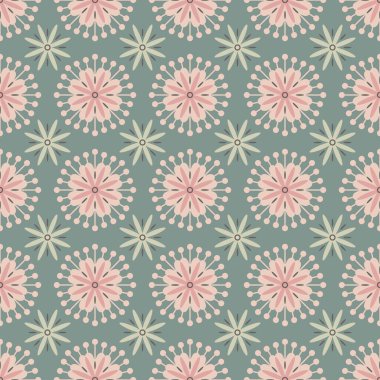 Eski püskü bir süs. Pembe arka planda soyut çiçekleri olan kusursuz desen