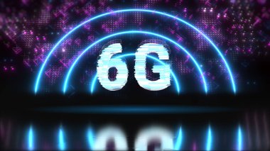 6G hızlı ağ ve internet sembolü. Neon ışıkları olan teknik arkaplan