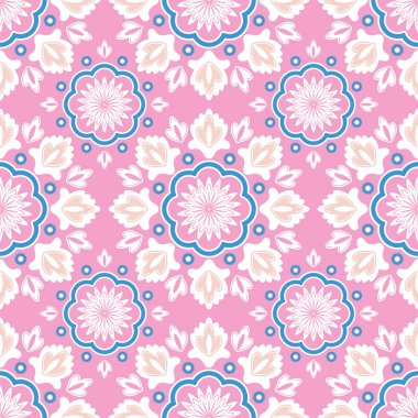 Halk çiçekli süs. Pembe arka planda soyut çiçekleri olan kusursuz desen.