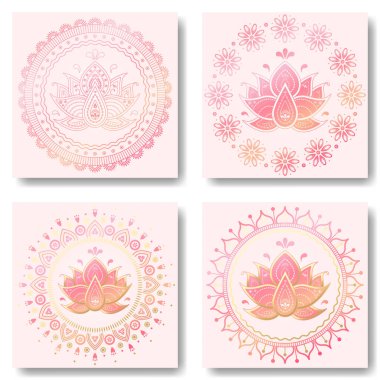 Nilüfer çiçeği mandala süsü. Pembe arka planda şirin bir halk eğlencesi yuvarlak vektör çizimi
