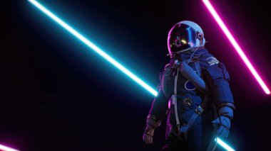 Lazer ışınları arasında geri dalga astronotu. Gelecekçi neon arkaplan 3d illüstrasyon