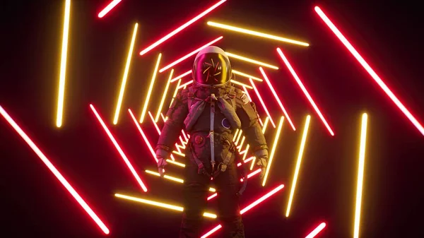 Sonsuz Kırmızı Neon Tünelde Astronot Neon Lazer Işıkları Görüntülemesini Geri — Stok fotoğraf