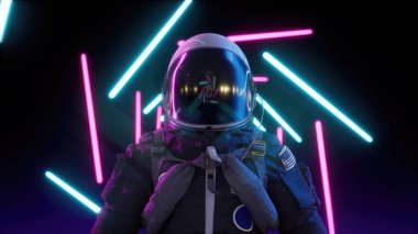 Neon lazer ışınları arasında geri dalga astronotu. Geleceksel arkaplan 3d oluşturucu.