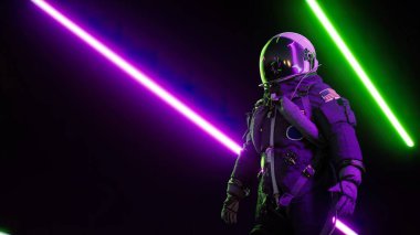 Sonsuz neon tüneldeki astronot. Neon lazer ışıkları. 3d görüntülemesini geri çek