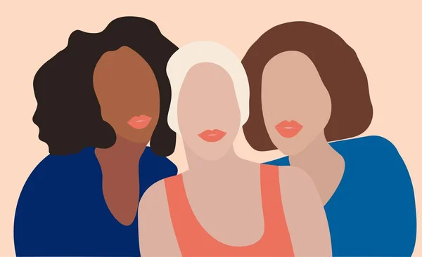 Three beautiful girls from different races. Female friendship. — Stock Vector