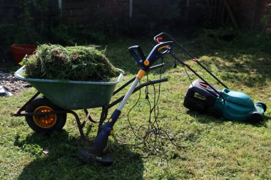 Mevsimlik bahçe işleri. Çimenli yeşil el arabası, arka bahçede elektrikli çim biçme makinesi.. 