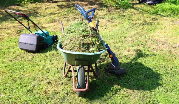 Giardino Stagionale Funziona Carriola Verde Con Erba Tosaerba Elettrica Cortile — Foto Stock