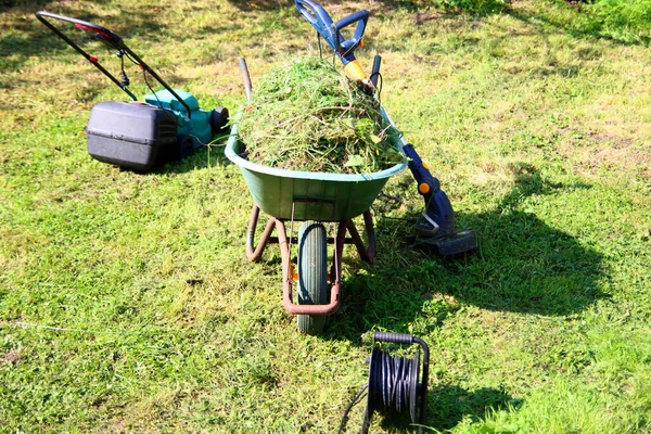 Seasonal Garden Works Green Wheelbarrow Grass Electric Lawn Mower Backyard — Stock Photo, Image