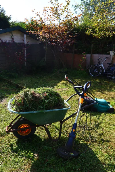 Seasonal garden works. Green wheelbarrow with grass, electric lawn mower on a backyard.