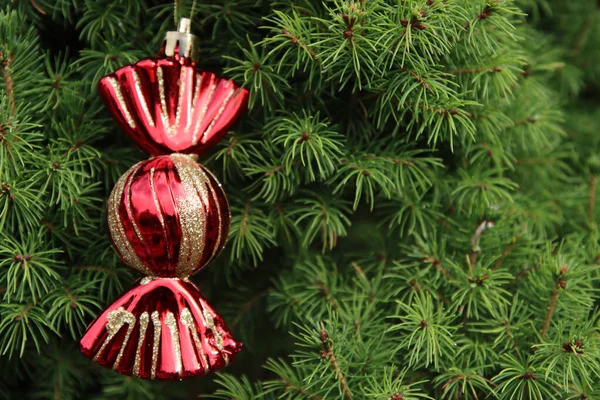 Rojo Caramelo Decoración Navidad Cerca Foto Juguete Navidad Abeto Verde — Foto de Stock