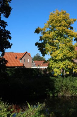 Amersfoort caddelerinde güzel bir mimari. Klasik Hollanda binaları kapanıyor. Amersfoort, Hollanda 