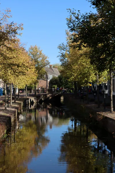 Beautiful Canal View Classic Dutch Architecture Autumn Trees Water Reflections — Stock Photo, Image