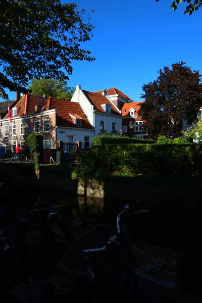 Arquitetura Holandesa Autêntica Belas Casas Uma Rua Fotos Cidade Europeia — Fotografia de Stock