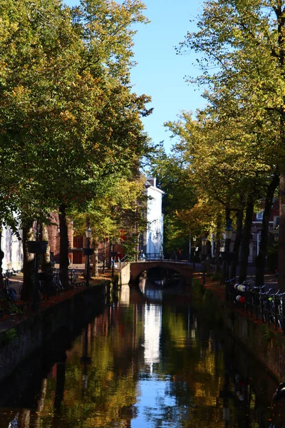 Stagione Autunnale Una Città Alberi Autunnali Edifici Sul Canale Riflessi — Foto Stock