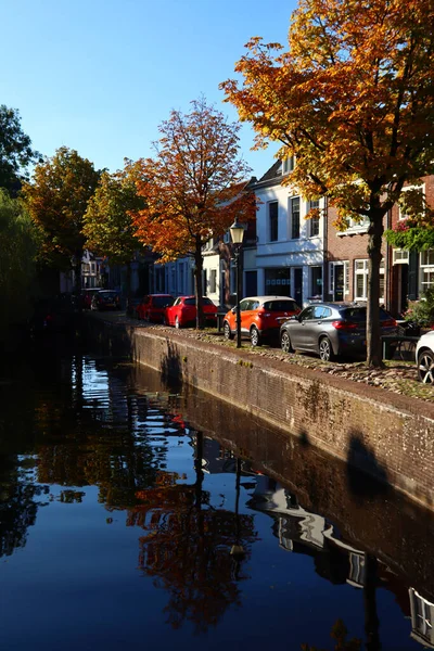 Fall Season City Autumn Trees Buildings Canal Colorful Water Reflections — Stock Photo, Image