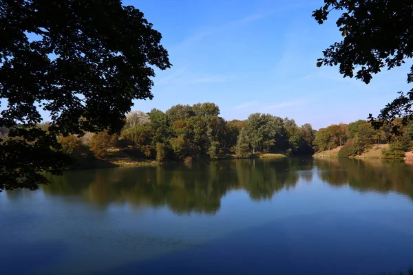 Gyönyörű Parkban Nyugodt Kék Víz Nagy Zöld Fák Kék Napsütéses — Stock Fotó