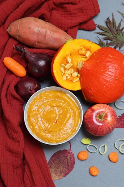 Squash soup with coconut milk, carrot, apple and spices. Top view photo of tasty pumpkin soup on red kitchen towel. Colors of Autumn on a table.