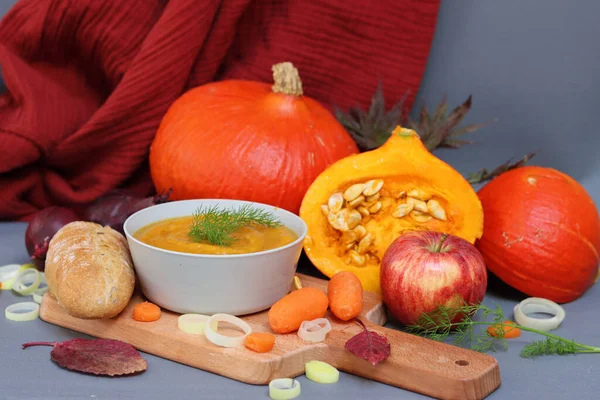 Still Life Photo Squash Red Apples Autumn Leaves Onion Carrot — Stock Photo, Image