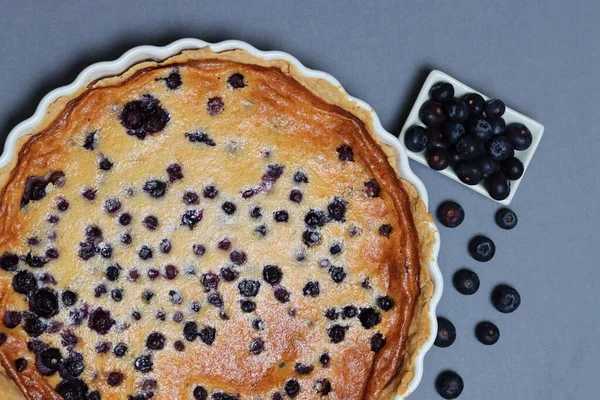 Top View Photo Cheesecake Blueberries Grey Background Copy Space Sweet — Stock Photo, Image