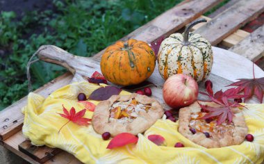 Masada mini kabaklı turtalar. Sonbahar pastası ve mevsimlik sebzeli en iyi manzara fotoğrafı. Yemek, natürmort. 