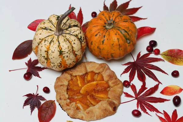 Masasında kırmızı sonbahar yaprakları olan balkabağı galetleri. Beyaz arka plan. Sonbahar sezonunun makbuzları. Sağlıklı beslenme konsepti. Şükran Günü menüsü fikirleri. Organik sebzeler.. 