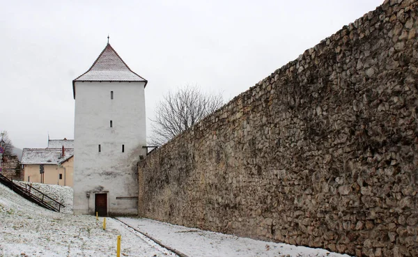 White Tower Old Wall Made Rocks Winter Romania — стоковое фото